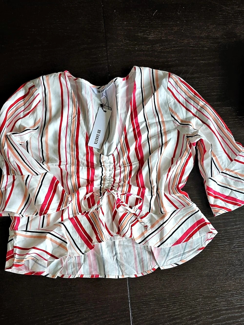 BB Dakota Striped Peplum Blouse in White & Red Size Medium NWT